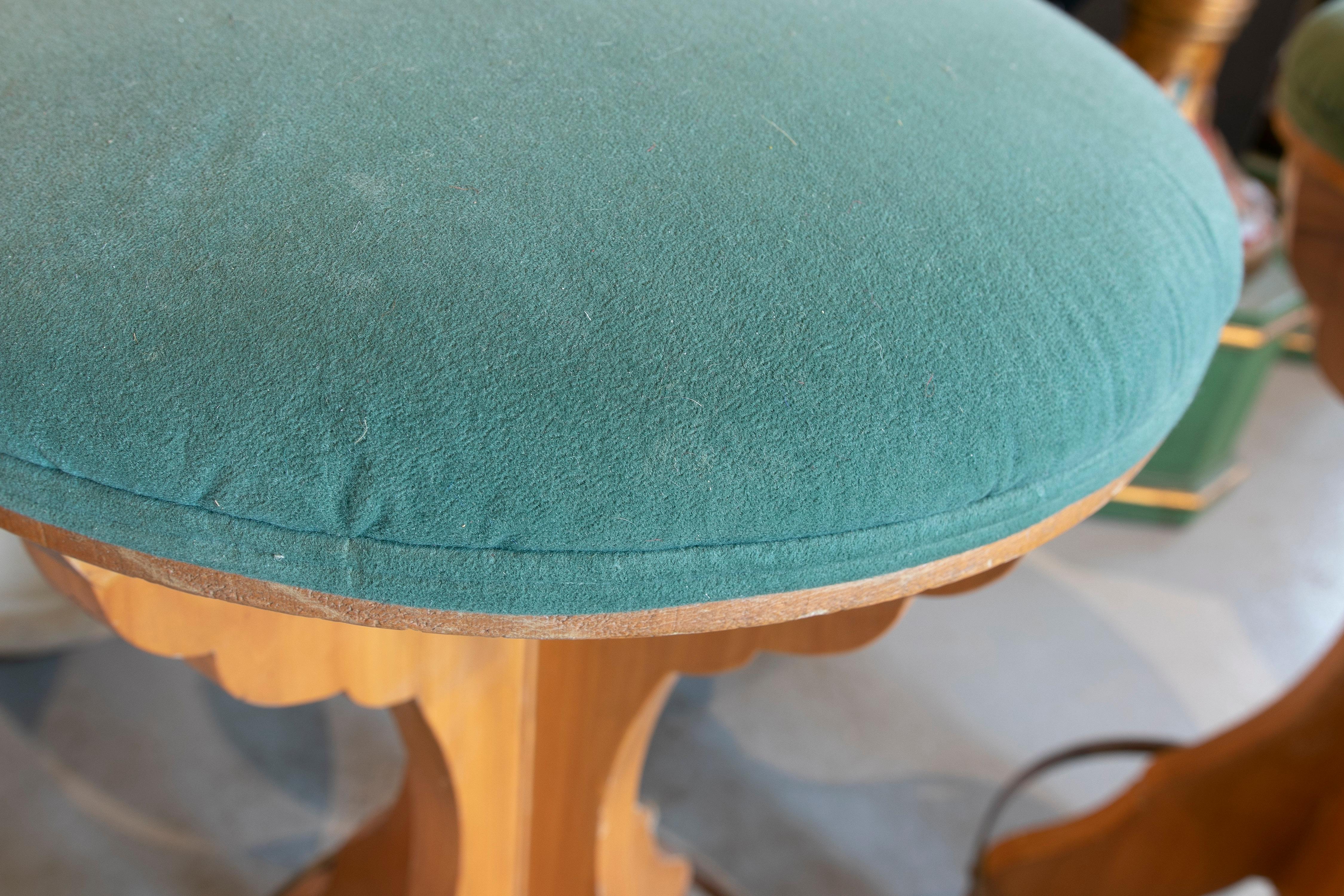 Pair of 1980s Spanish Wooden Stools with Teal Upholstered Seats For Sale 11