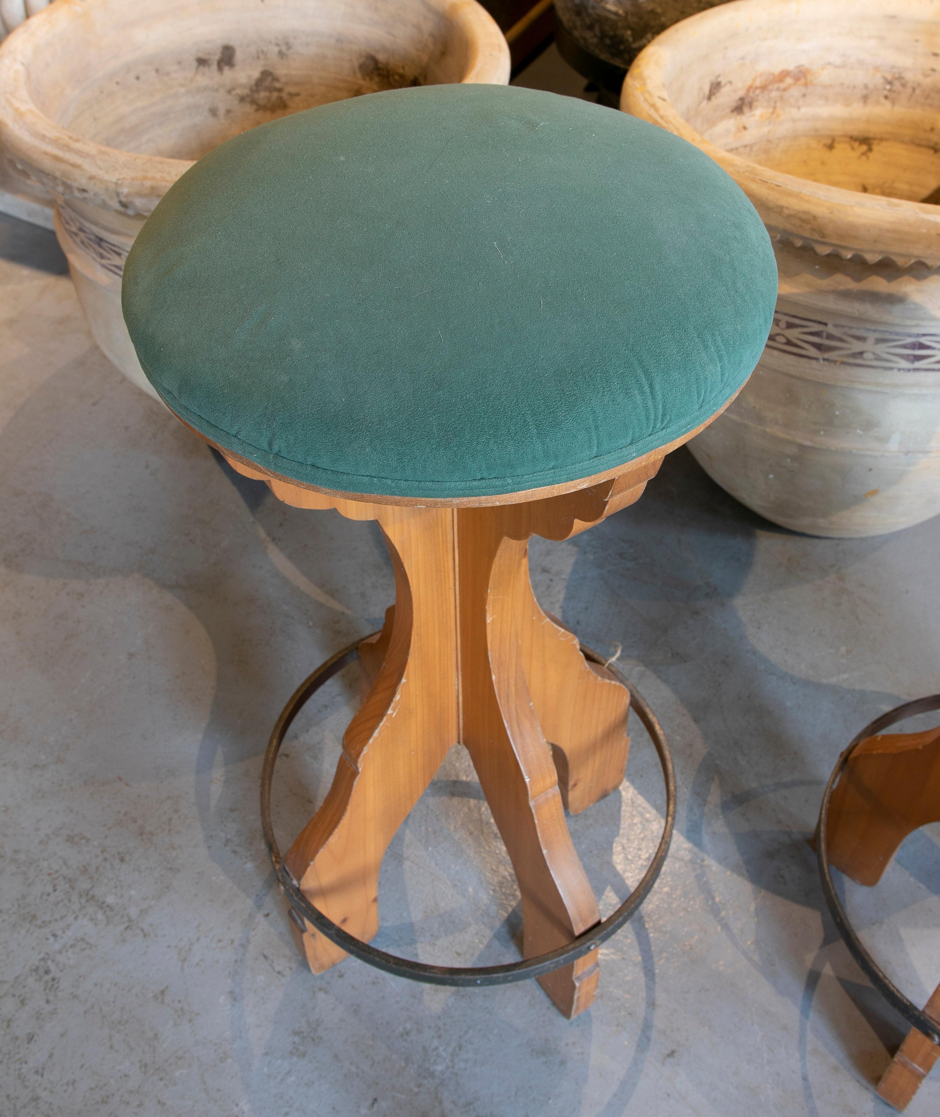 Iron Pair of 1980s Spanish Wooden Stools with Teal Upholstered Seats For Sale