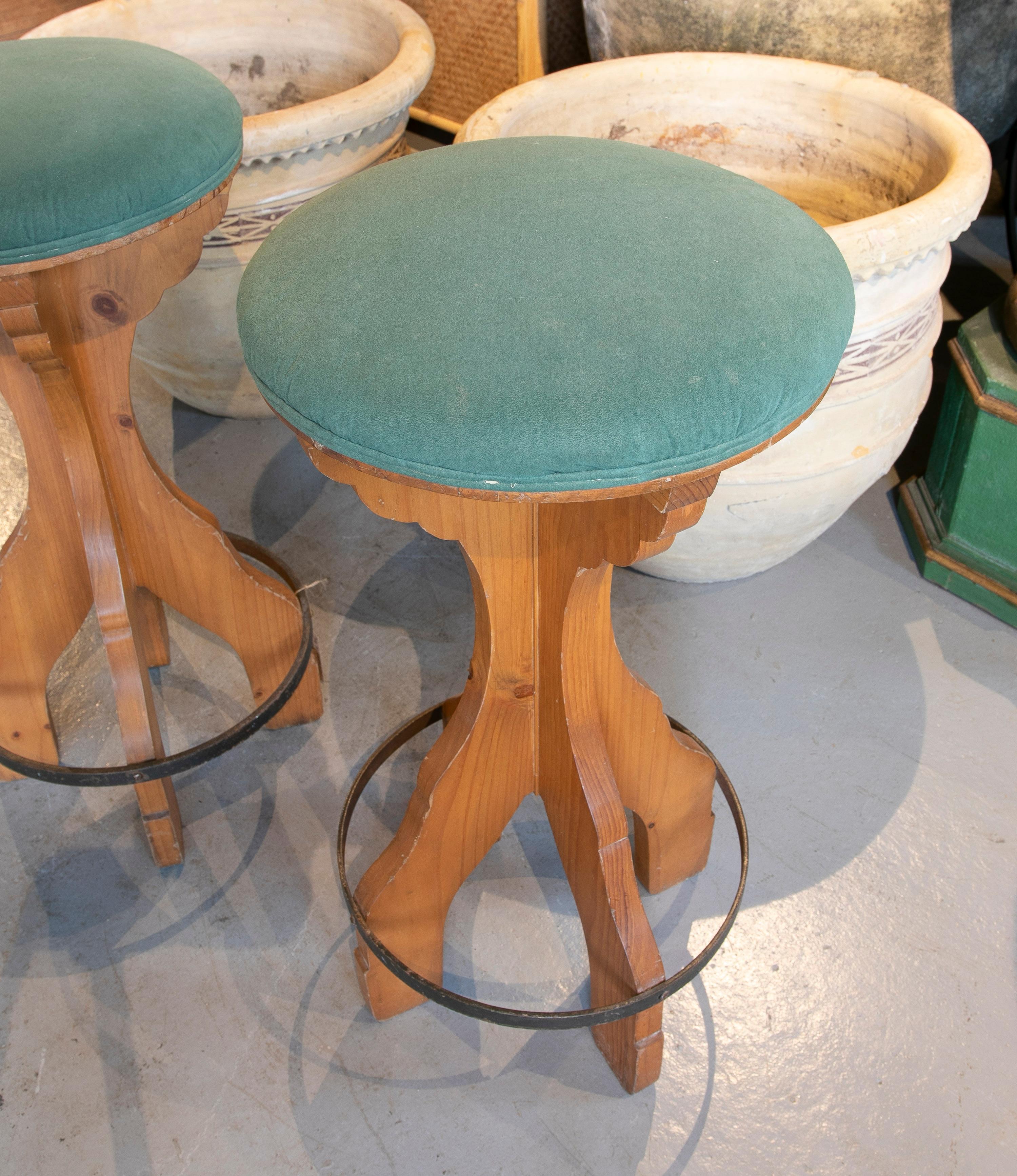 Pair of 1980s Spanish Wooden Stools with Teal Upholstered Seats For Sale 1