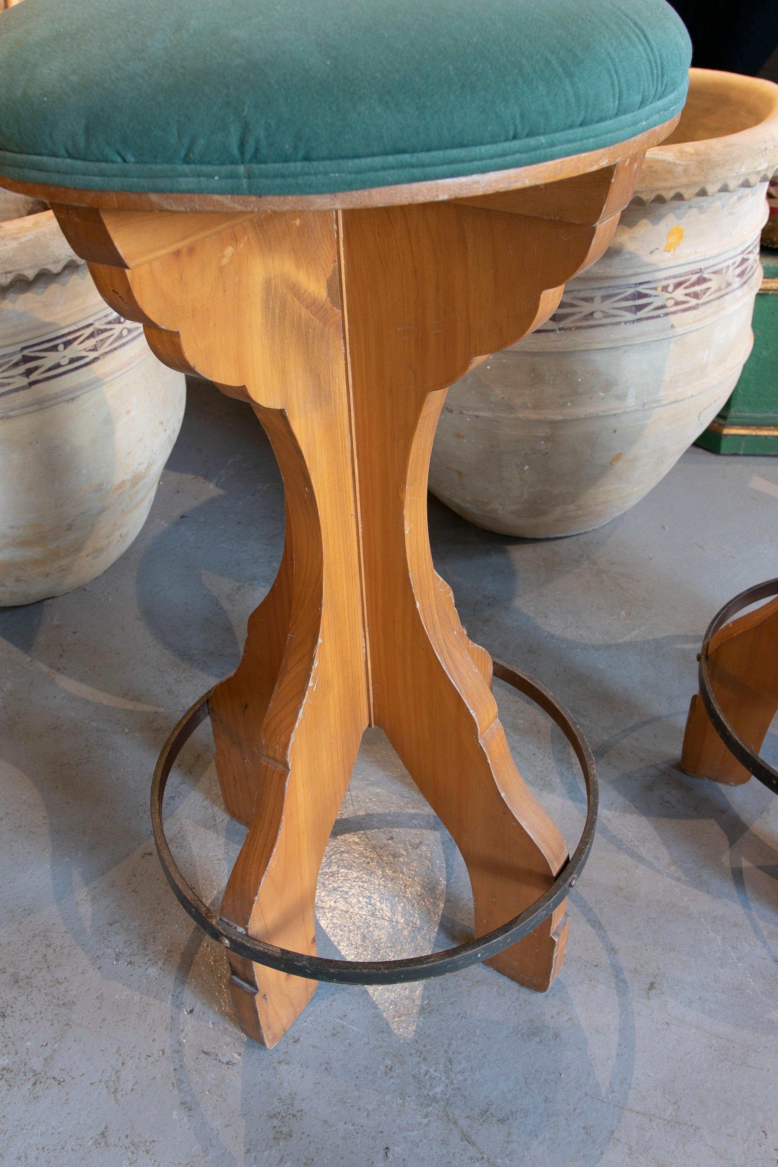 Pair of 1980s Spanish Wooden Stools with Teal Upholstered Seats For Sale 3