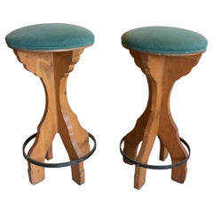Coppia di sgabelli spagnoli in legno degli anni '80 con sedili imbottiti color verde acqua
