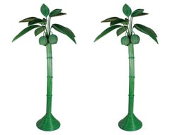 Pair of 1980s Spanish Woven Wicker Green Palm Tree Statue