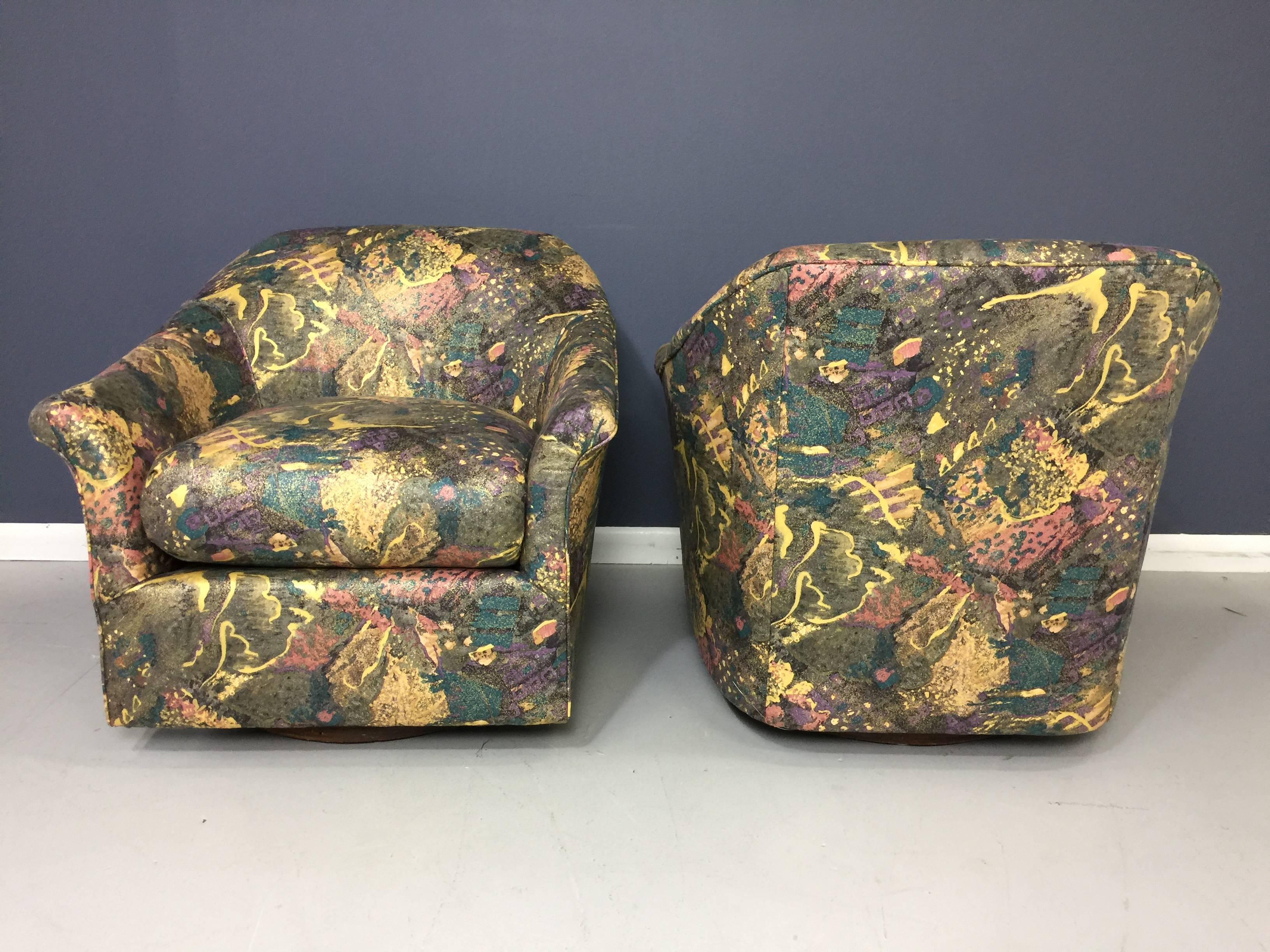 American Pair of 1980s Splatter Fabric Wood Base Swivel Chairs