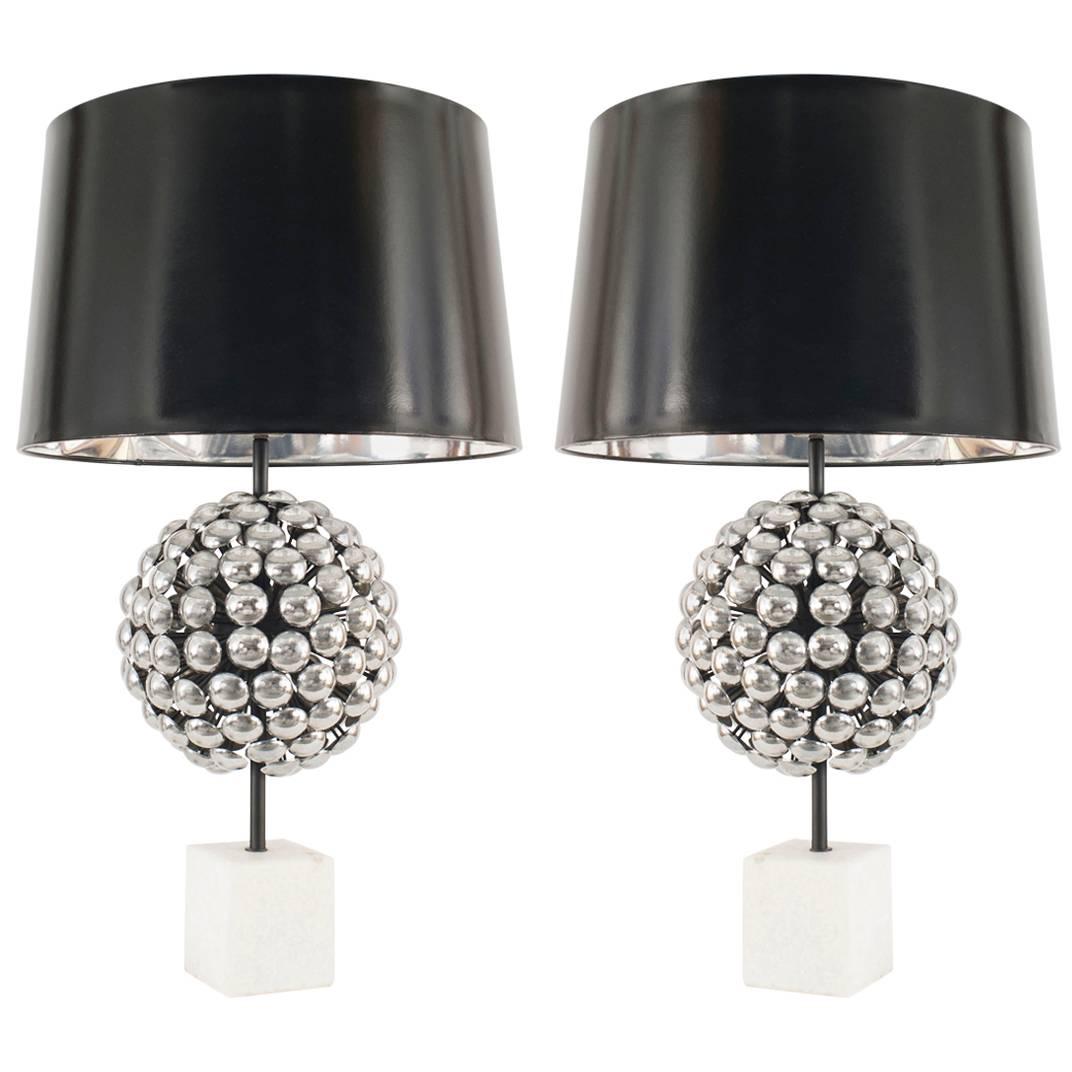 Pair of Post War Italian Silver Sphere Table Lamps For Sale