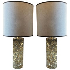 Pair of 1980s Transparent and Gold Leaf Fractal Resin Table Lamps with Shades