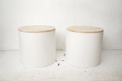 Pair of 1980's Travertine End Tables with White Textuerd Metal Drum Bases