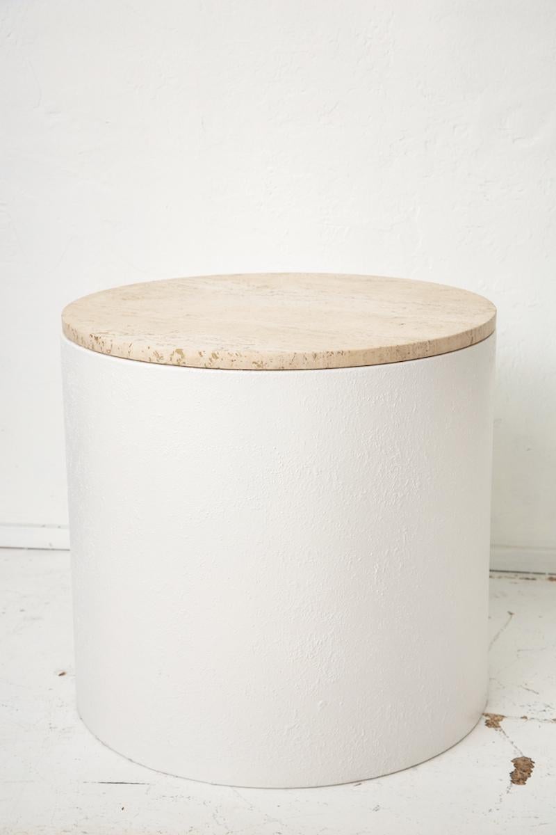 North American Pair of 1980's Travertine End Tables with White Textuerd Metal Drum Bases