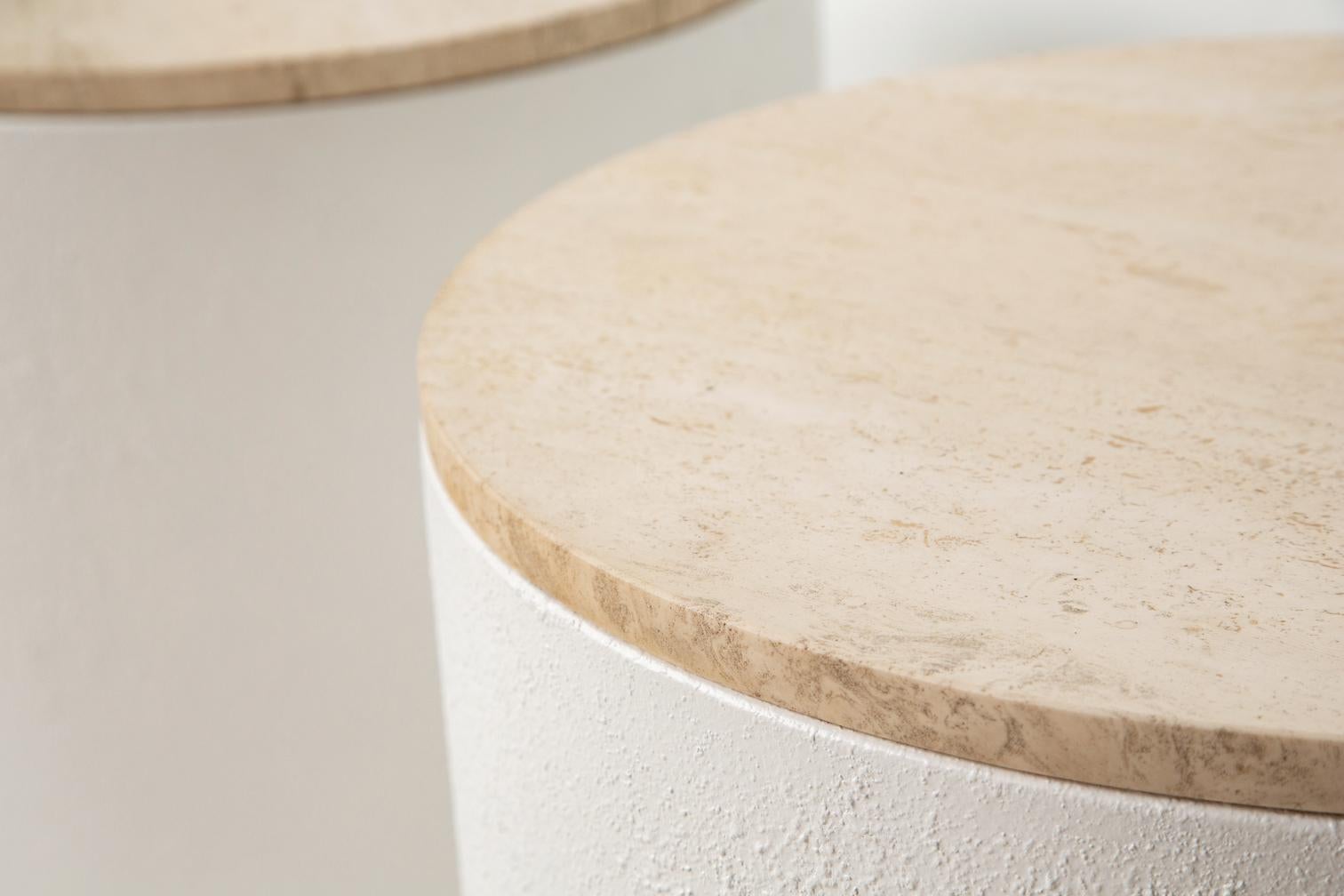 20th Century Pair of 1980's Travertine End Tables with White Textuerd Metal Drum Bases