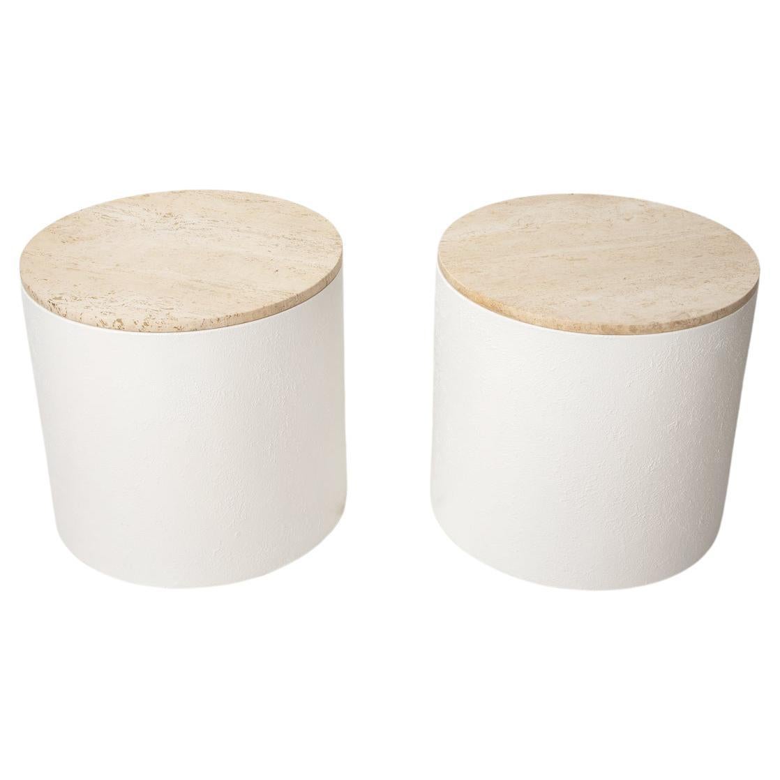 Pair of 1980's Travertine End Tables with White Textuerd Metal Drum Bases