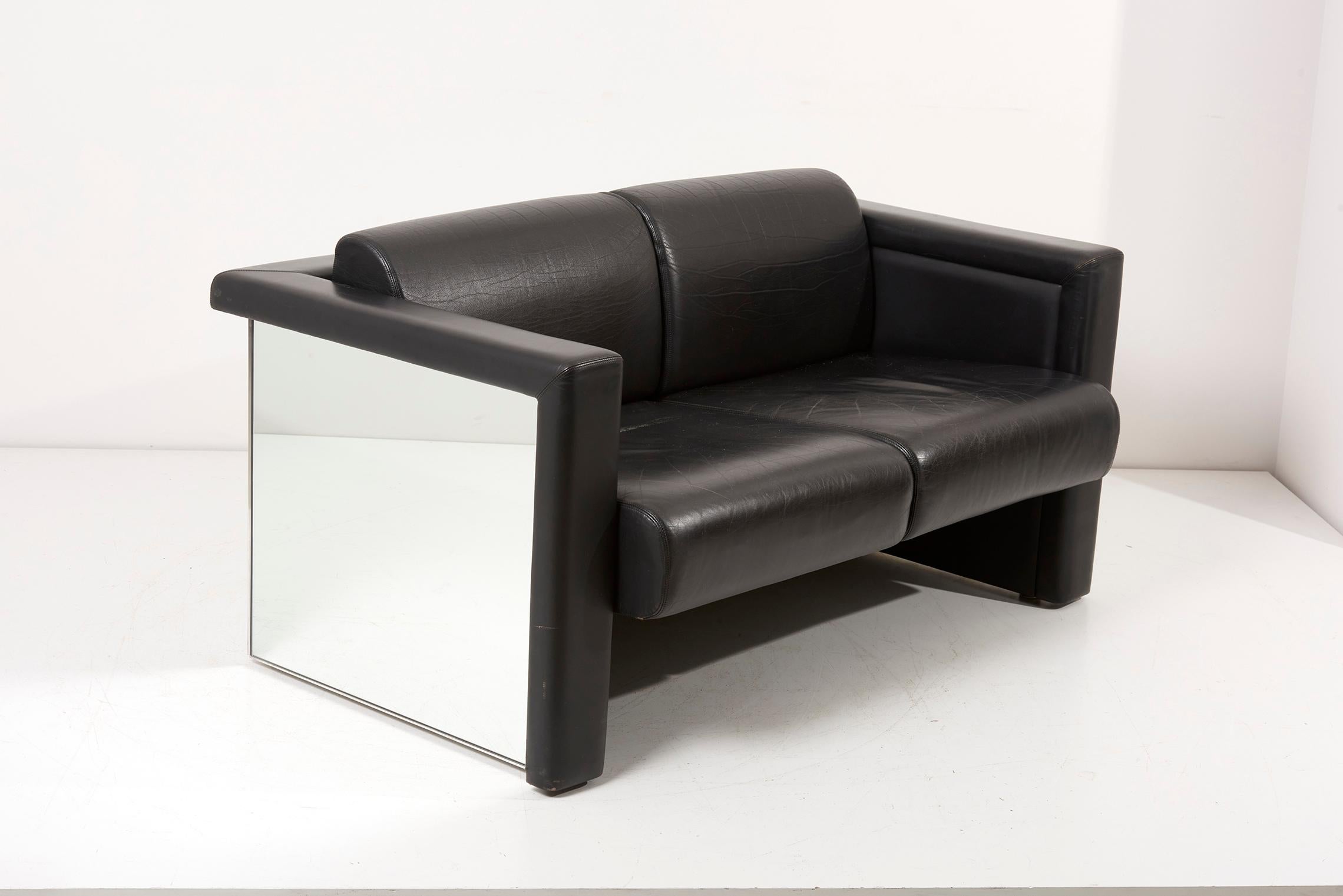 Pair of 1970s Trix & Robert Haussmann for Knoll Black Leather Mirror Sofa Settee For Sale 9