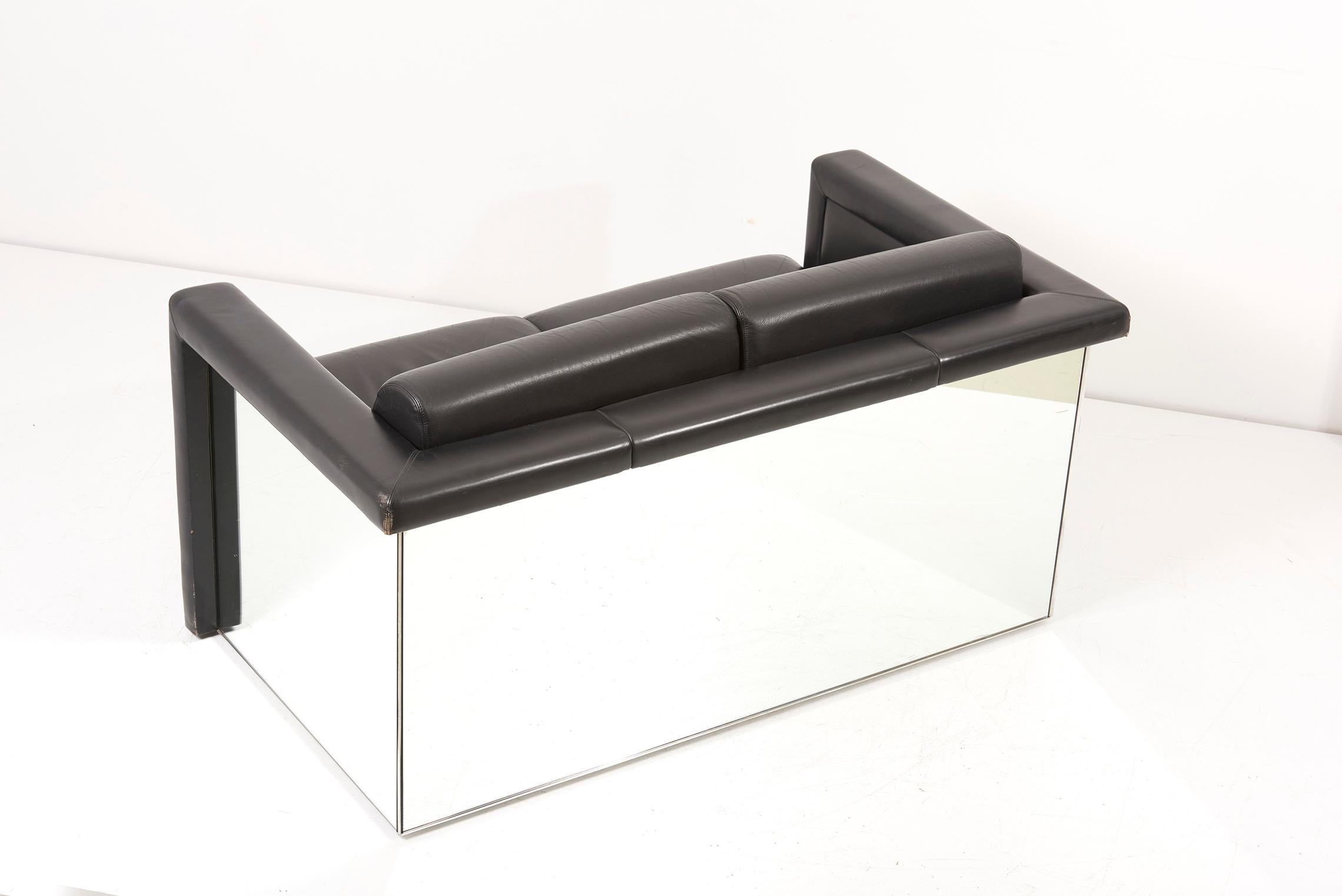 Pair of 1970s Trix & Robert Haussmann for Knoll Black Leather Mirror Sofa Settee For Sale 1