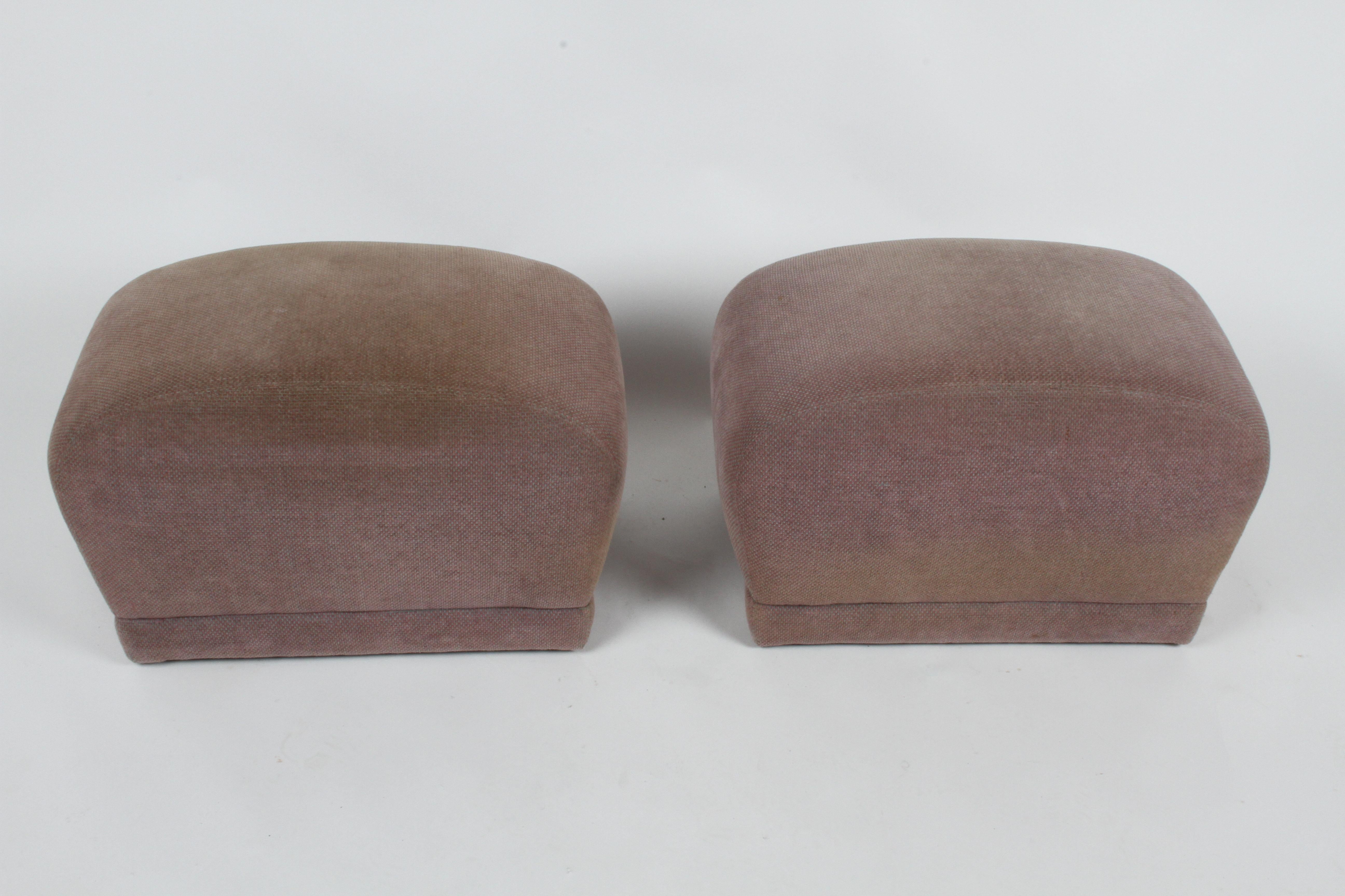 Hollywood Regency Pair of 1980's Upholstered Poufs or Ottomans on Castors, Style of Milo Baughman
