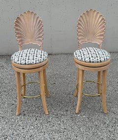 Pair of 1980s Venetian Grotto Style Scalloped Wood Shell Back Swivel Bar Stools