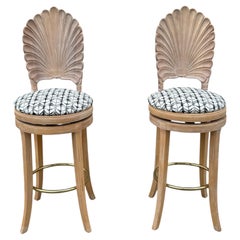 Pair of 1980s Venetian Grotto Style Scalloped Wood Shell Back Swivel Bar Stools