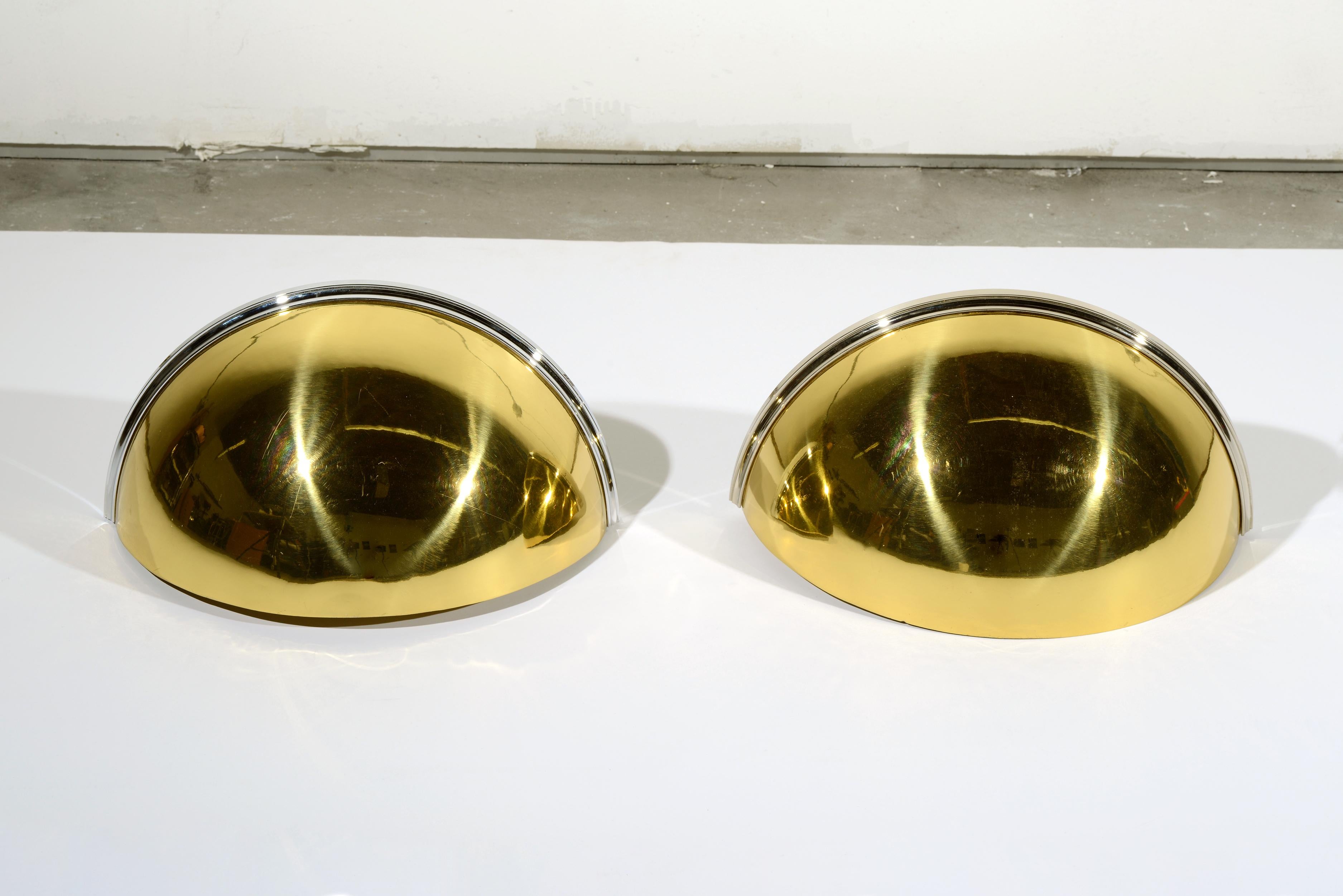 Art Deco Pair of 1980s Vintage Brass and Chrome Half Moon Wall Sconces