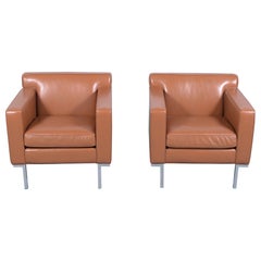 Pair of 1980s Vintage Cognac Leather Modern Club Chairs