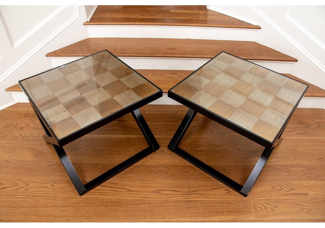Wood Pair of 1980s X-Base Gilt Top End Tables
