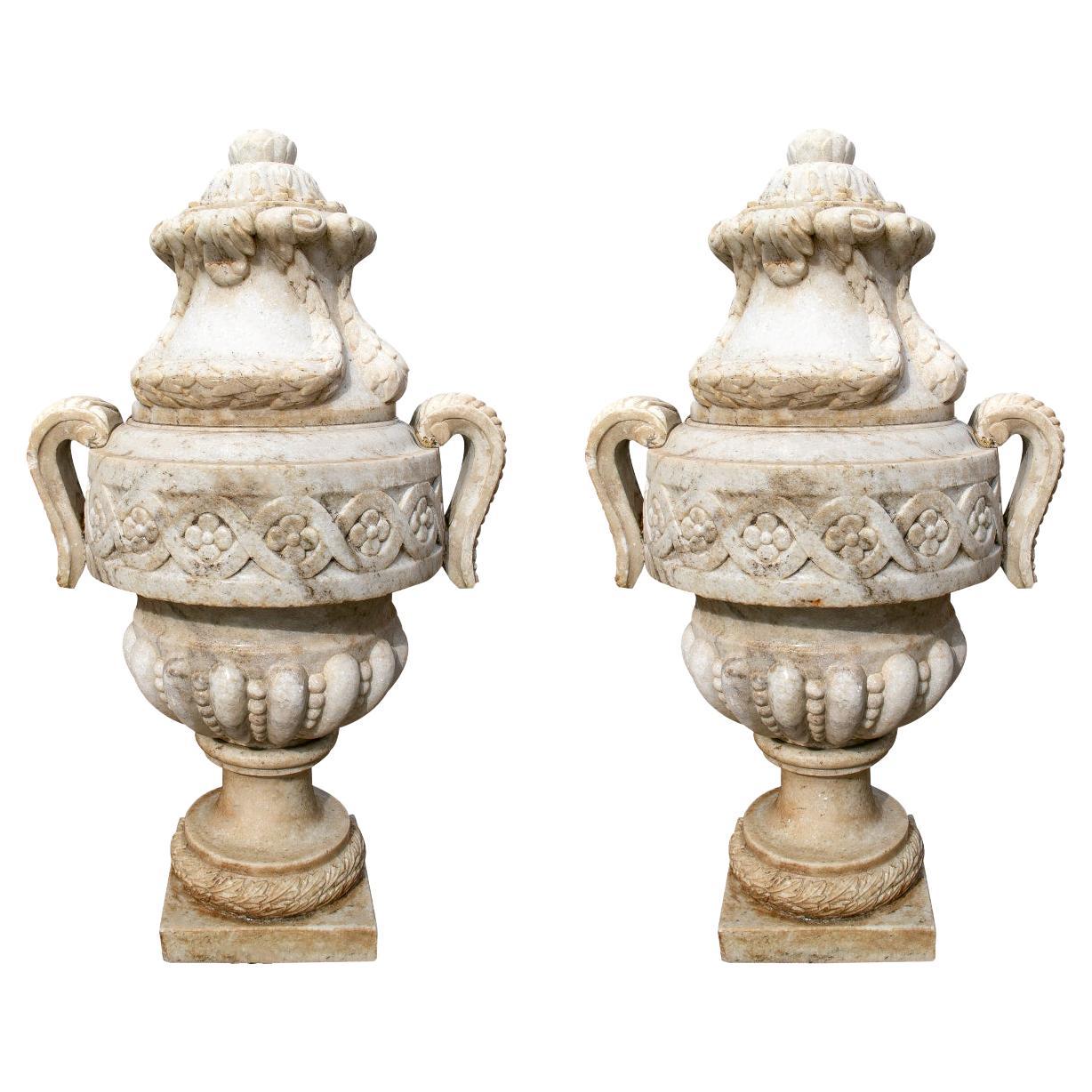 Pair of White Marble Garden Urns at 1stDibs
