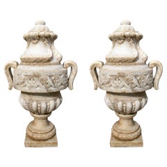Pair of 1985 Spanish Hand Carved Macael White Aged Marble Garden Urns w/ Lids