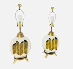 Pair of 1988 Beth Weissman Chinoiserie Pagoda Brass Base Moon Jar Table Lamps