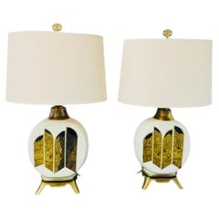 Pair of 1988 Beth Weissman Chinoiserie Pagoda Brass Base Moon Jar Table Lamps