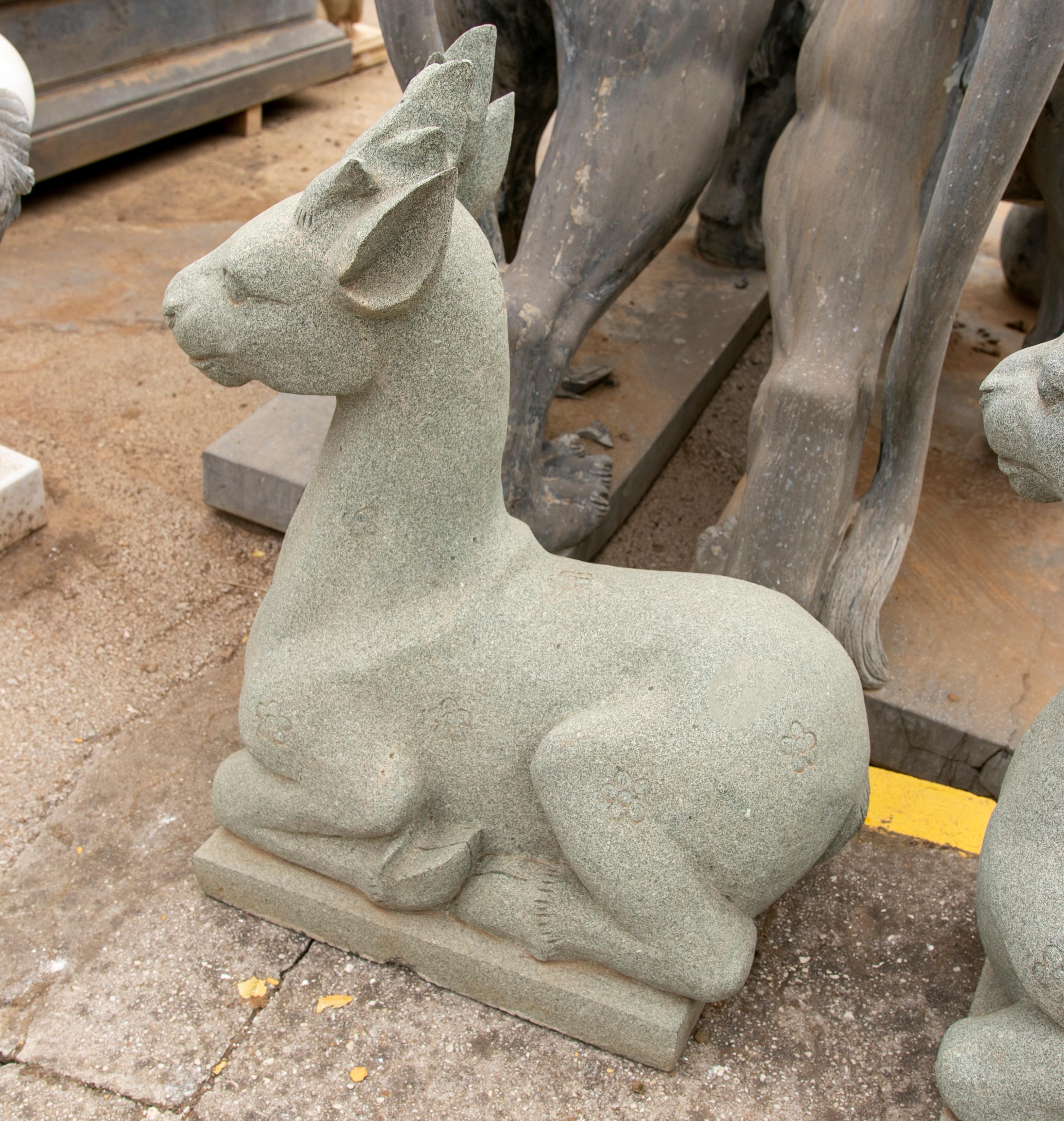 Pair of 1990 Hand Carved Green Granite Lying Deer For Sale 4