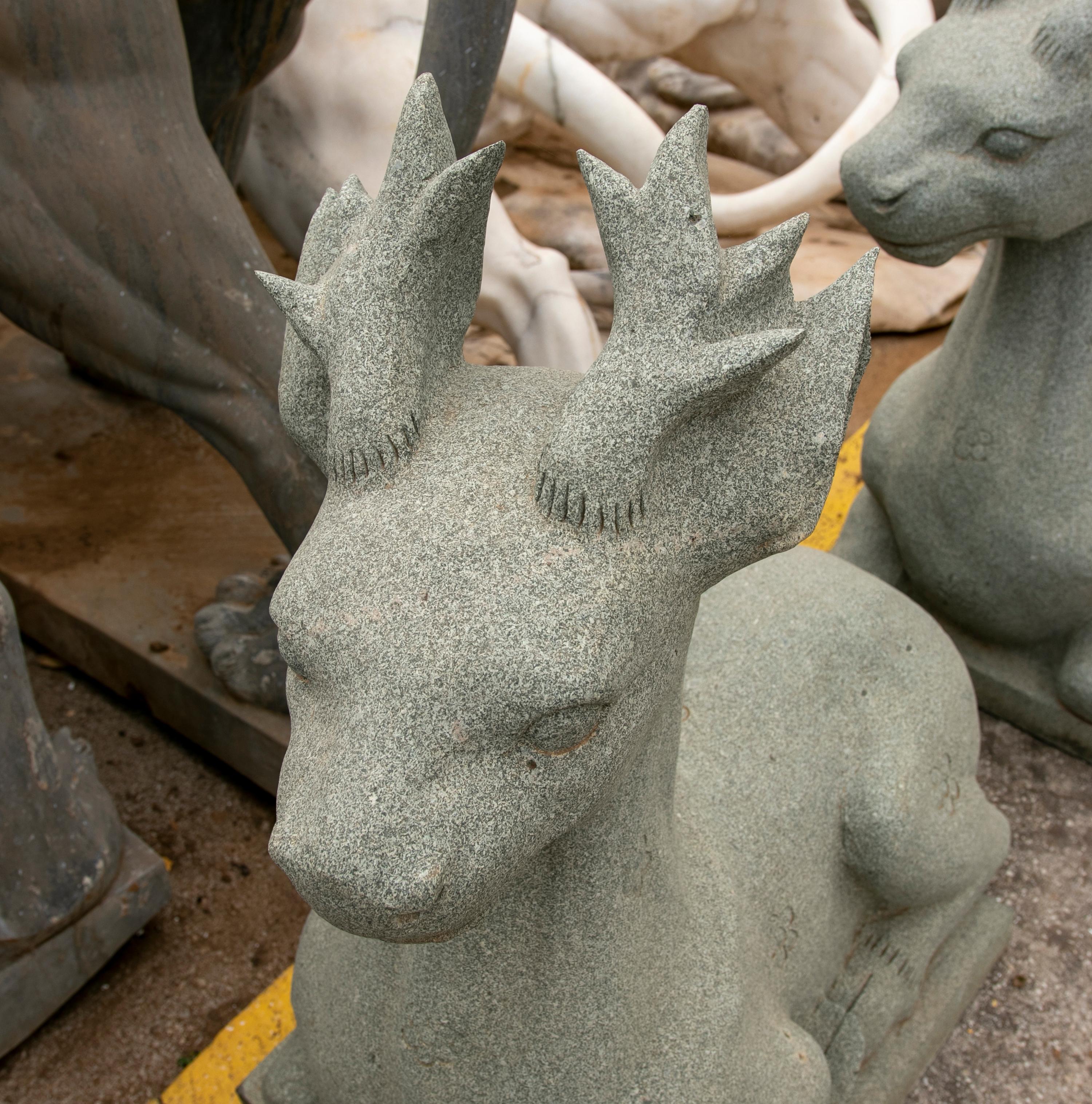 Asian Pair of 1990 Hand Carved Green Granite Lying Deer For Sale
