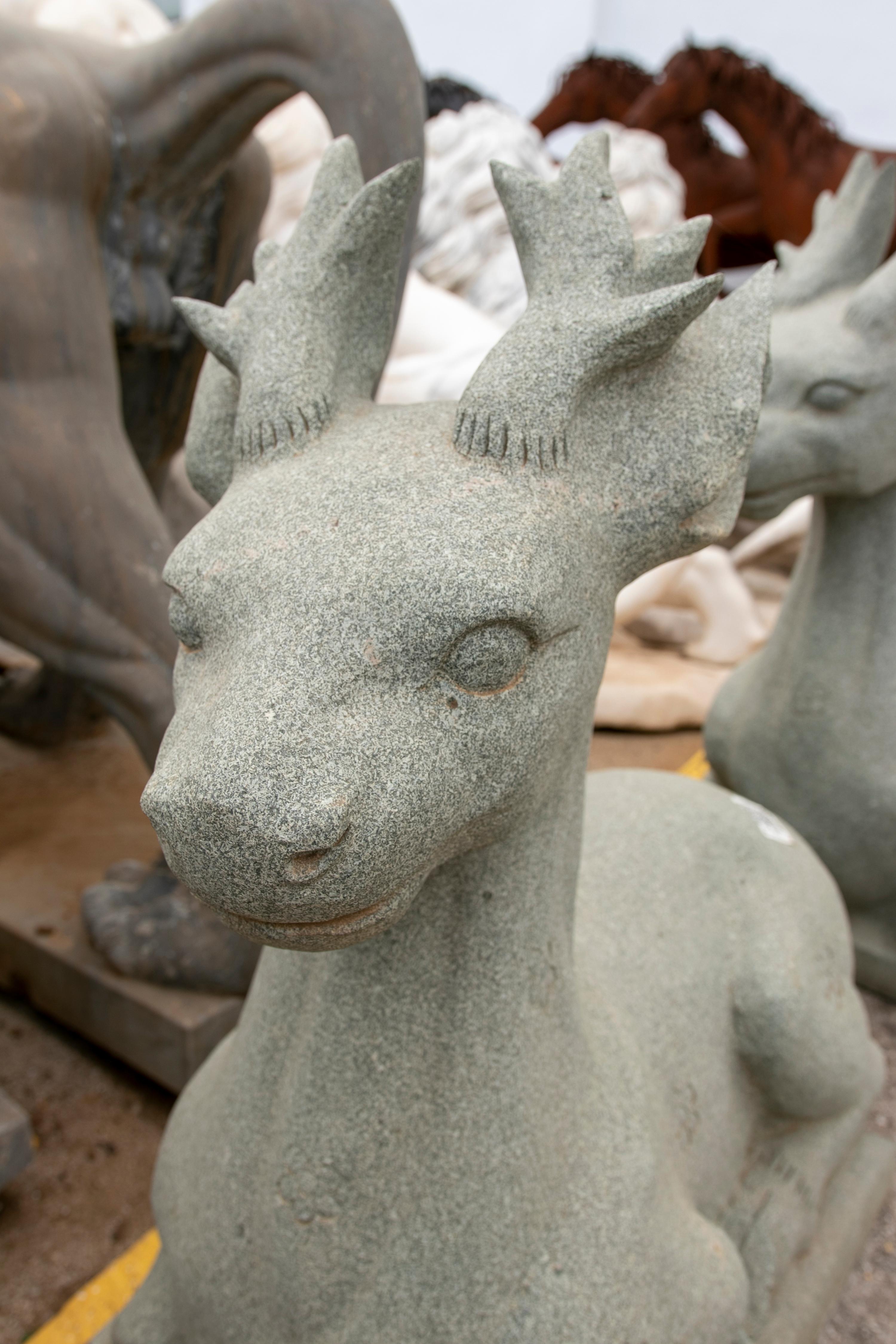 Hand-Carved Pair of 1990 Hand Carved Green Granite Lying Deer For Sale