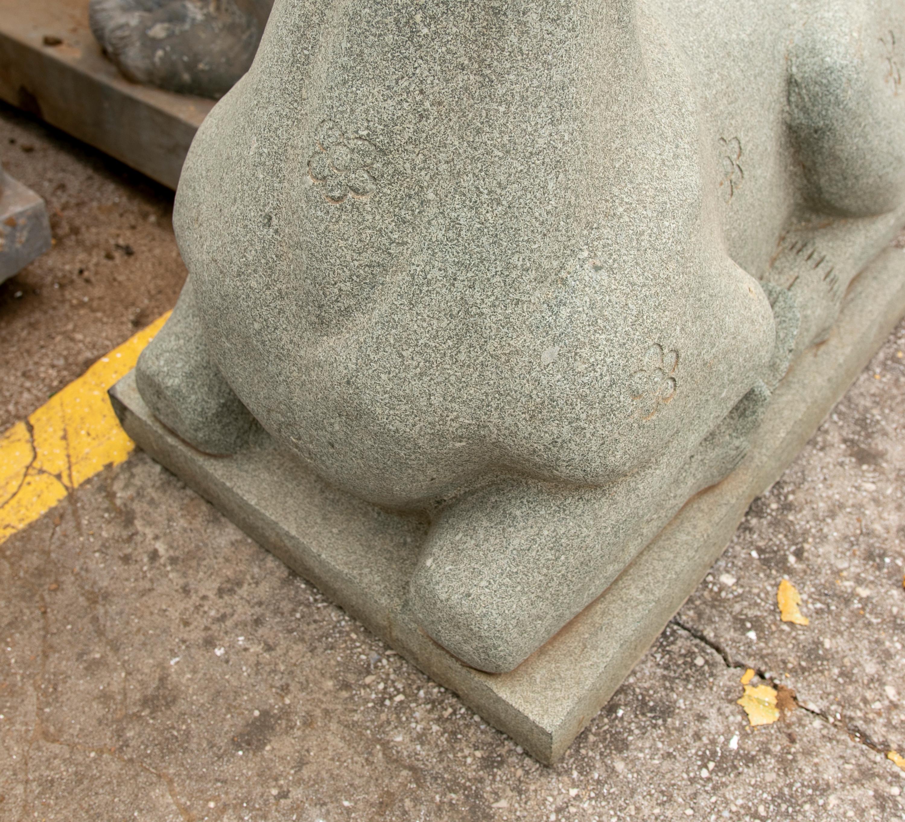 Pair of 1990 Hand Carved Green Granite Lying Deer In Good Condition For Sale In Marbella, ES