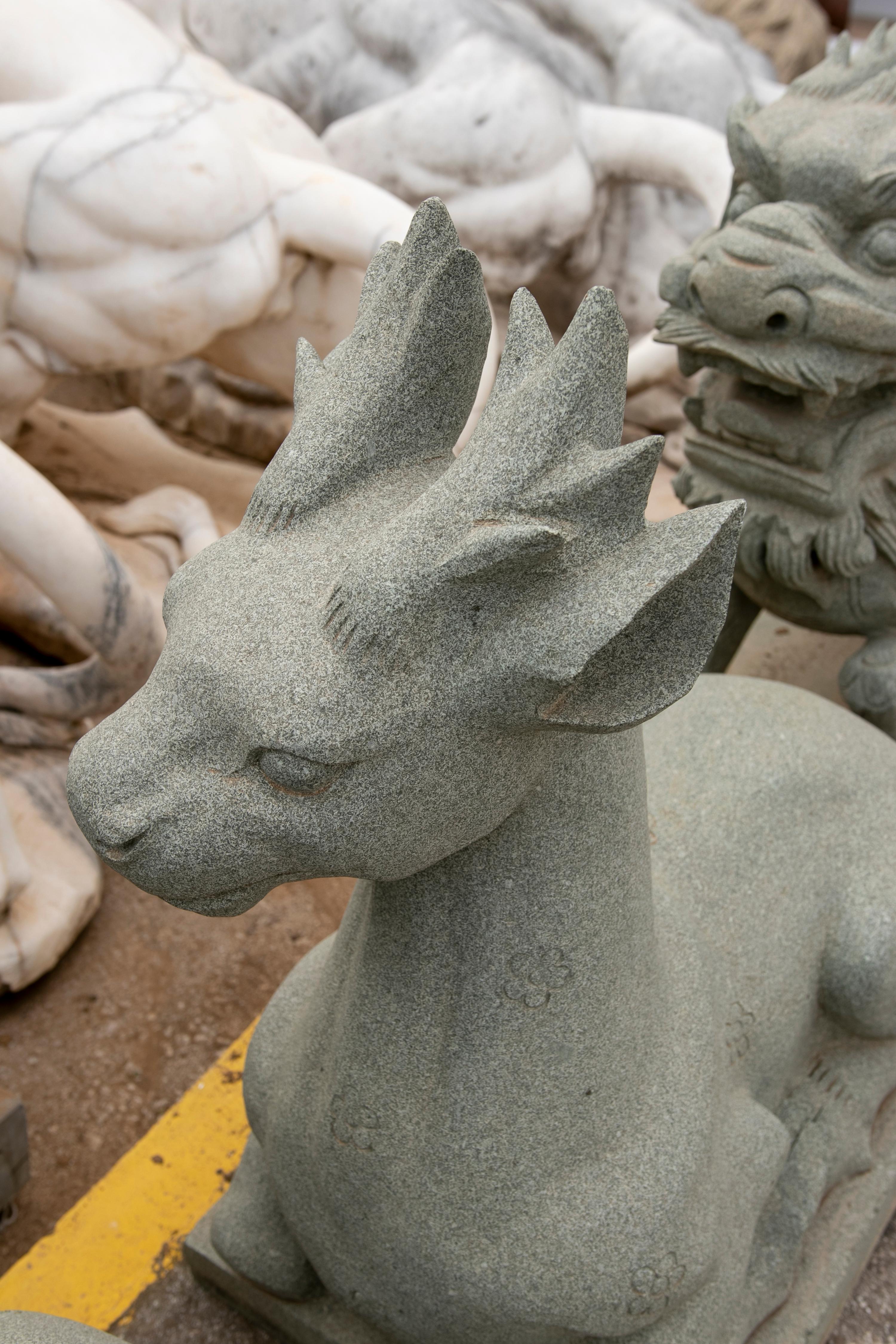 Stone Pair of 1990 Hand Carved Green Granite Lying Deer For Sale