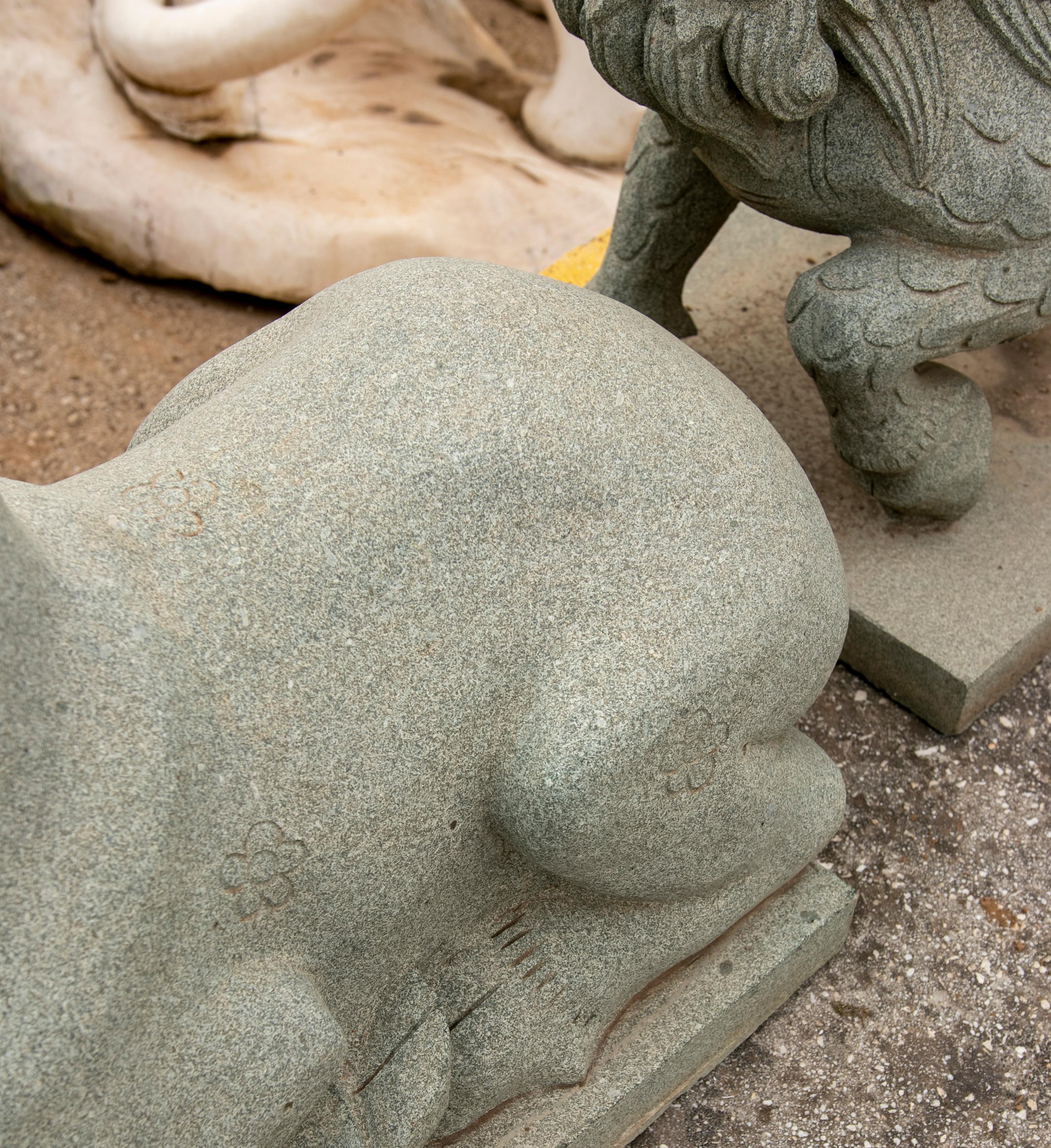 Pair of 1990 Hand Carved Green Granite Lying Deer For Sale 2
