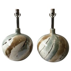 Pair of 1990s Ceramic Glossed Abstract Painted Lamps Pair of 1990s Ceramic Glossed Abstract Painted Lamps
