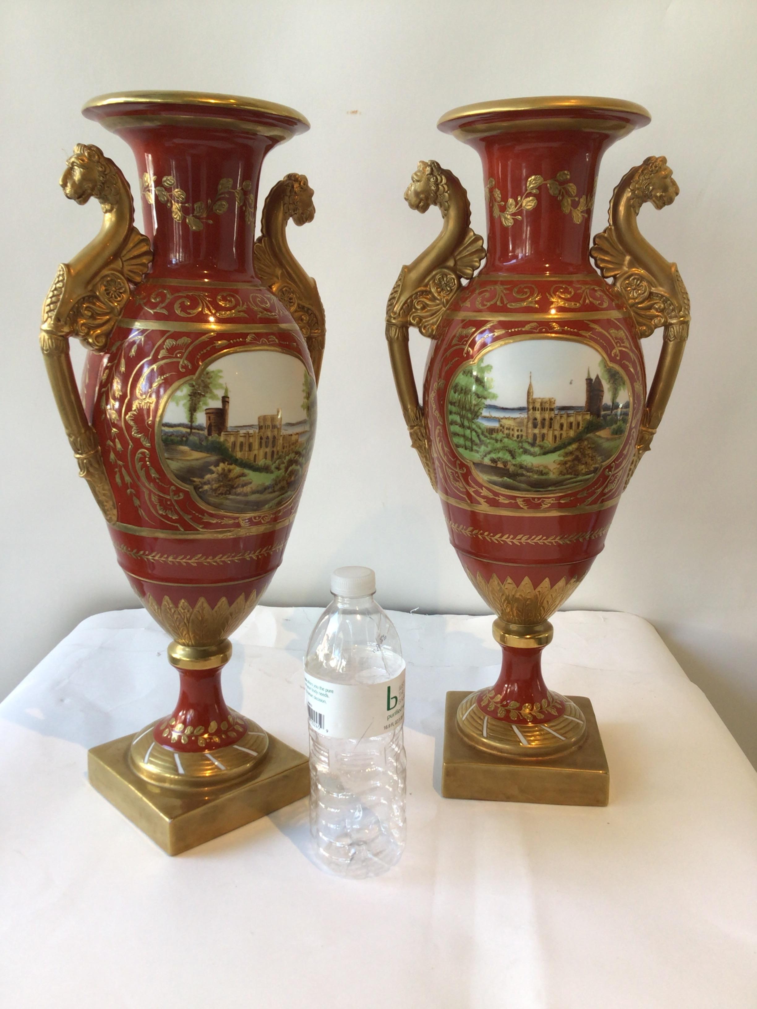 Pair of chelsea house hand painted French Empire style ceramic vases.