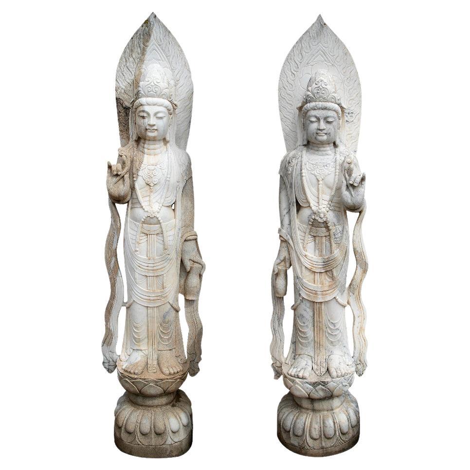 Pair of 1990s Chinese Hand Carved Monumental Larger-Than-Life Marble Buddhas