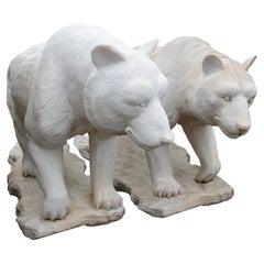Pair of 1990s European Handcarved Carrara White Marble Life-Size Bear Sculptures