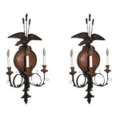 Pair of 1990s Federal Style Three-Light Wall Sconces with Eagle, Arrows & Marble