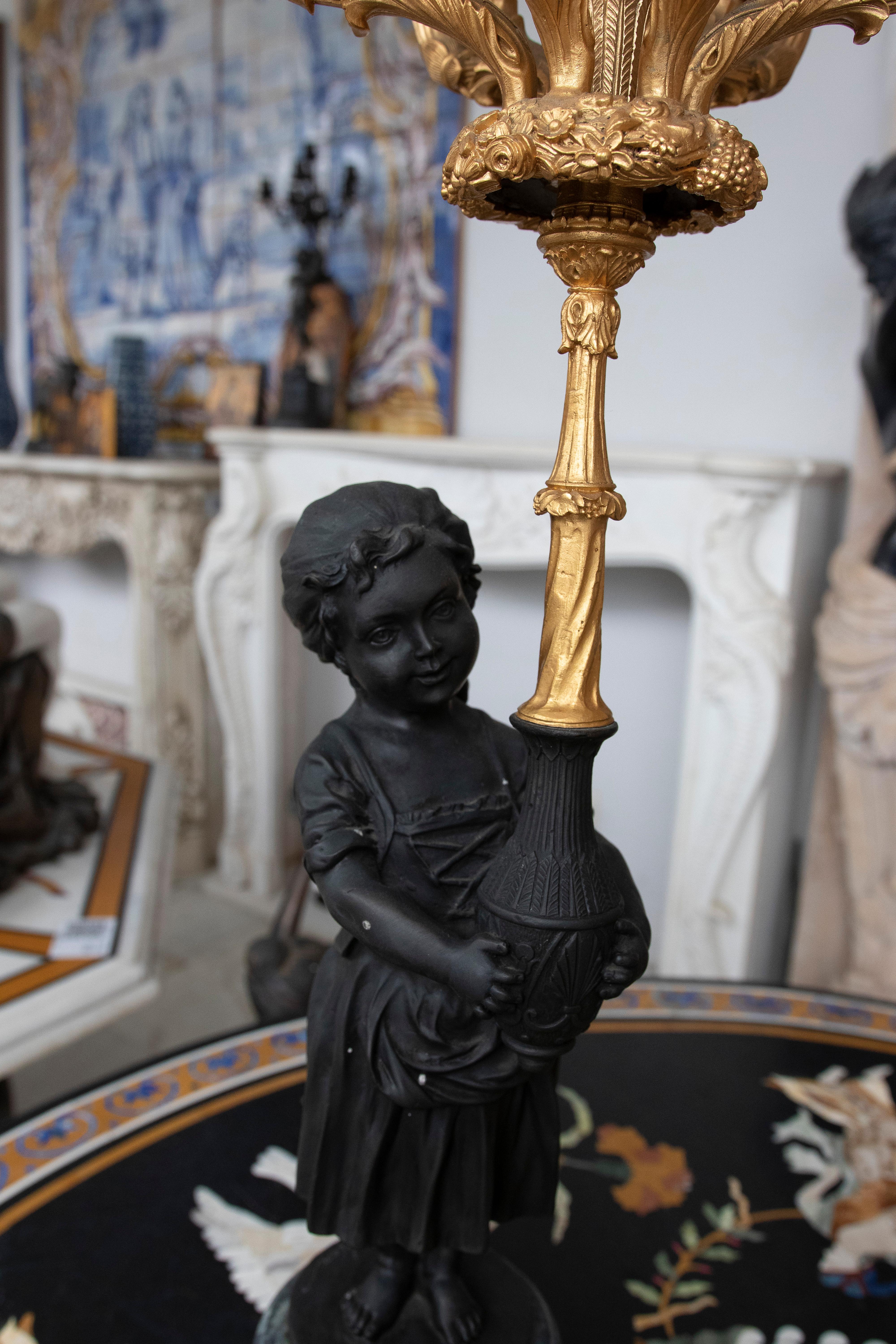 Pair of 1990s French 2-Tone Bronze Boy & Girl 6-Arm Candelabra In Good Condition For Sale In Marbella, ES