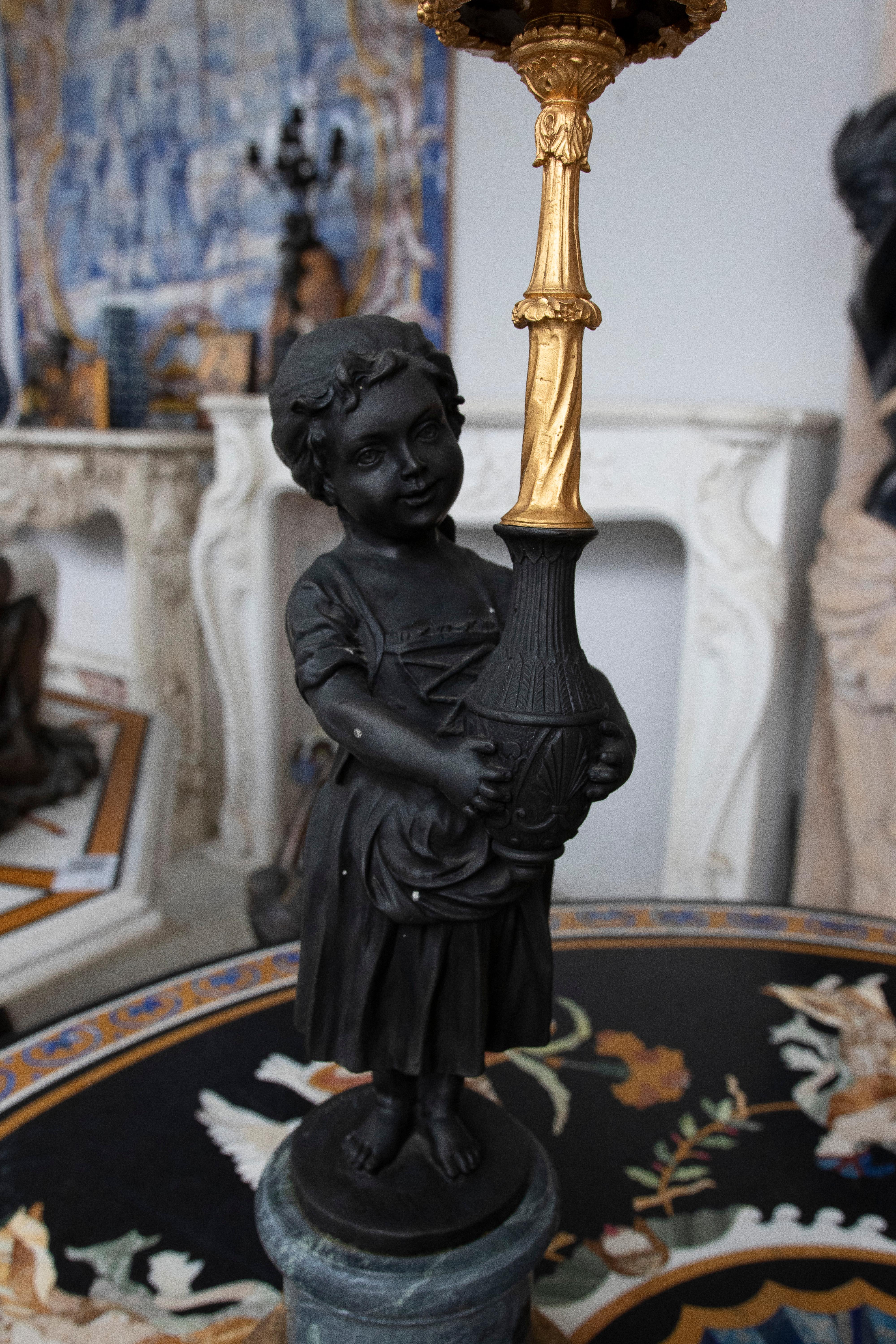 20th Century Pair of 1990s French 2-Tone Bronze Boy & Girl 6-Arm Candelabra For Sale