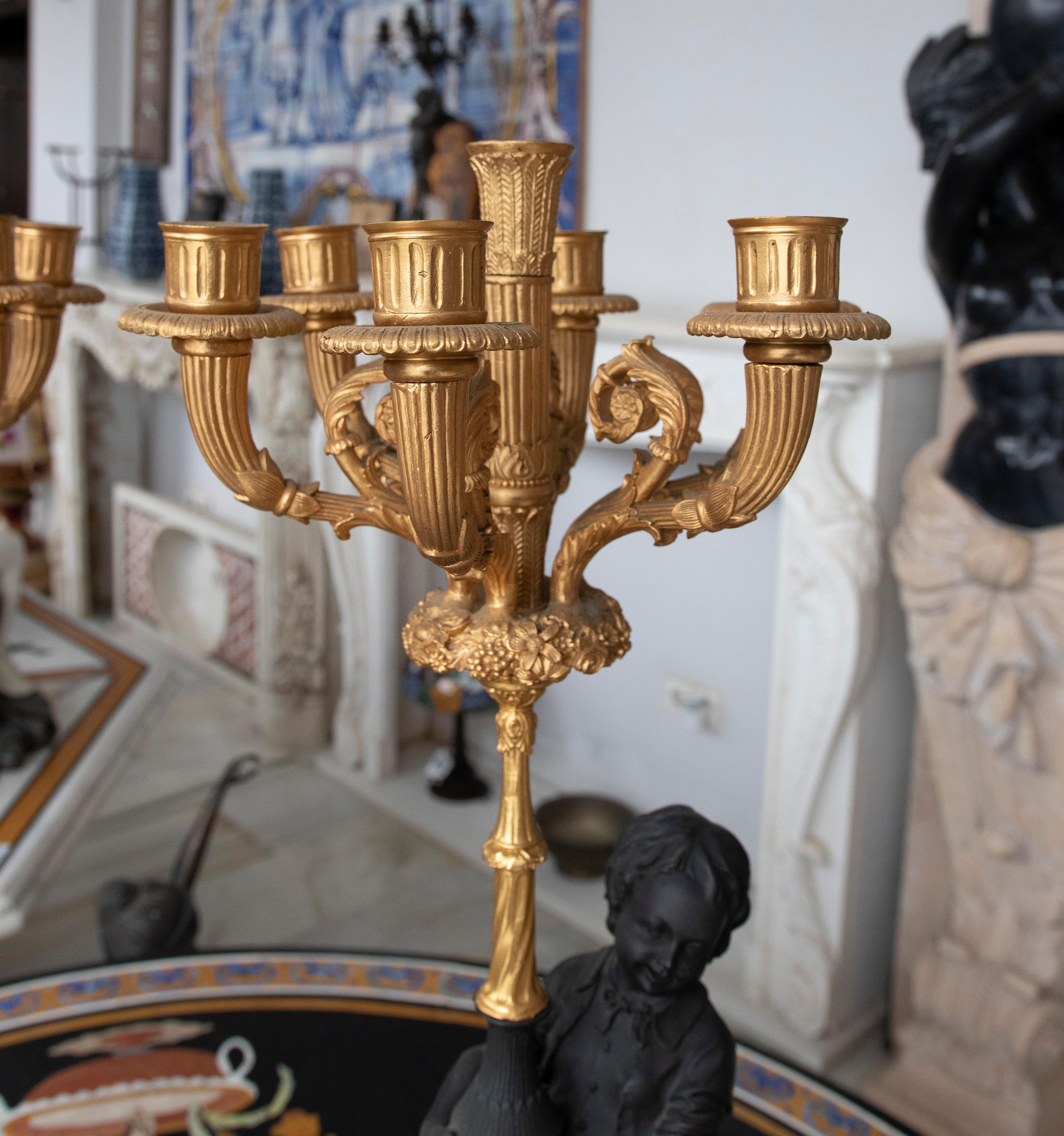 Pair of 1990s French 2-Tone Bronze Boy & Girl 6-Arm Candelabra For Sale 3