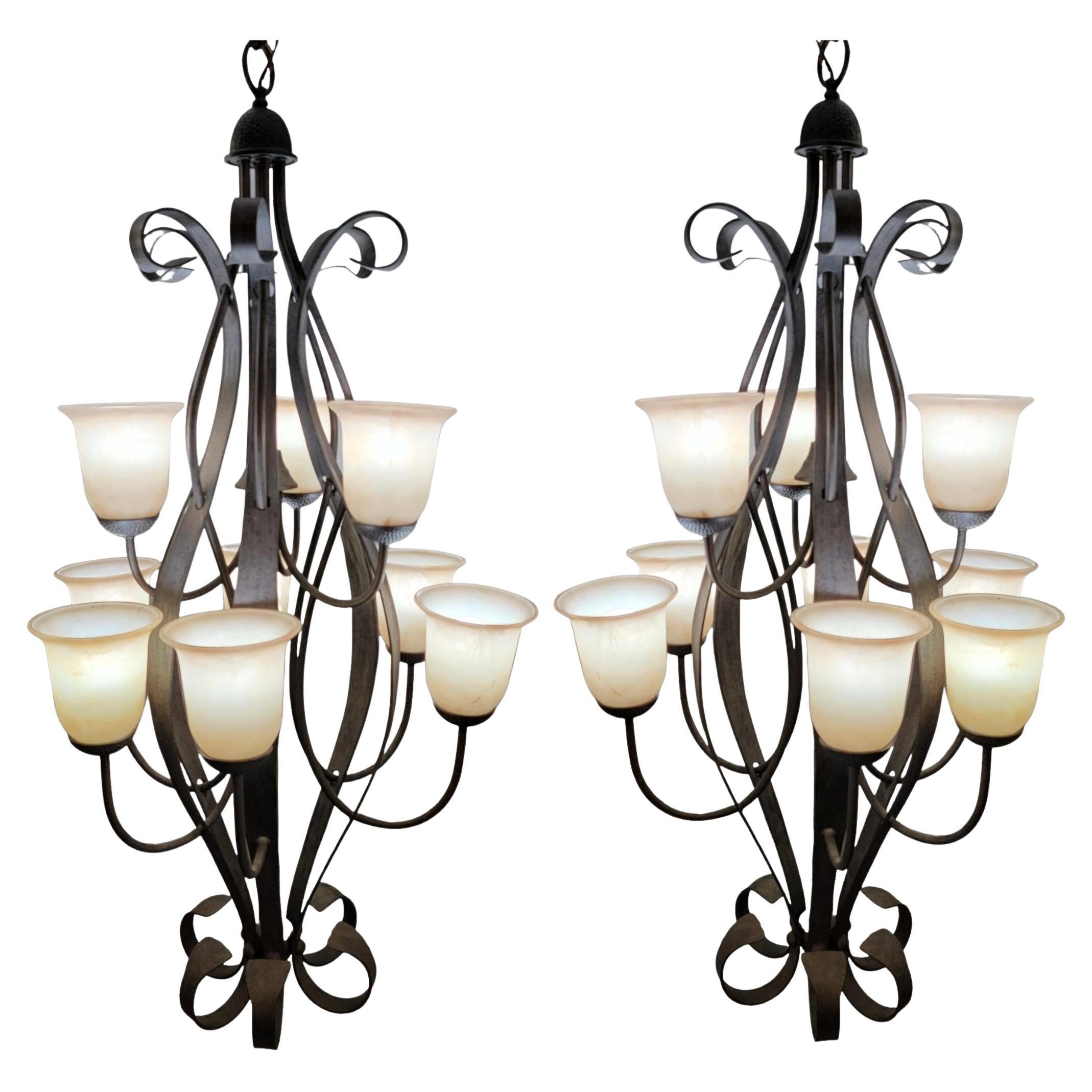 Pair of 1990s Gothic Wrought Iron 9 Light Chandeliers For Sale