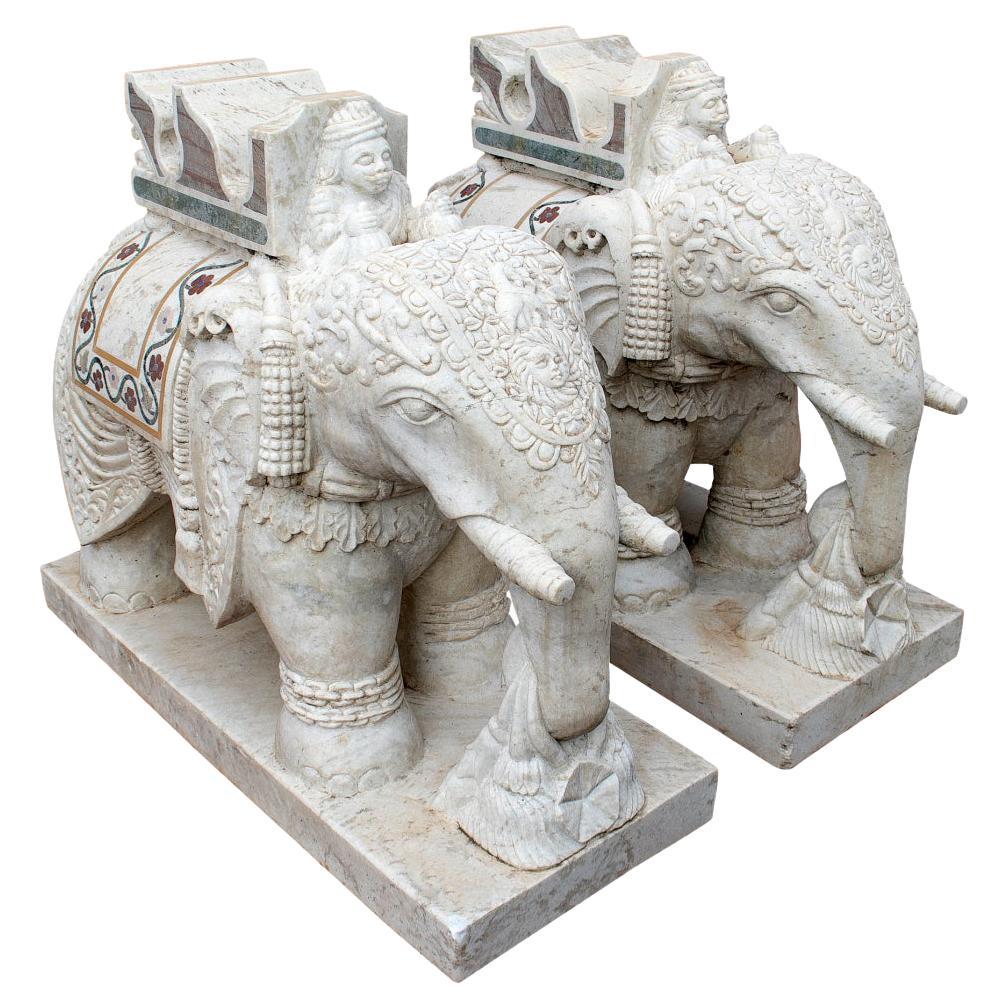Pair of 1990s Hand Carved Aged Macael White Marble Inlaid Elephants