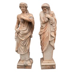 Pair of 1990s Hand Carved Rosetta Pink Marble Winter & Autumn Sculptures