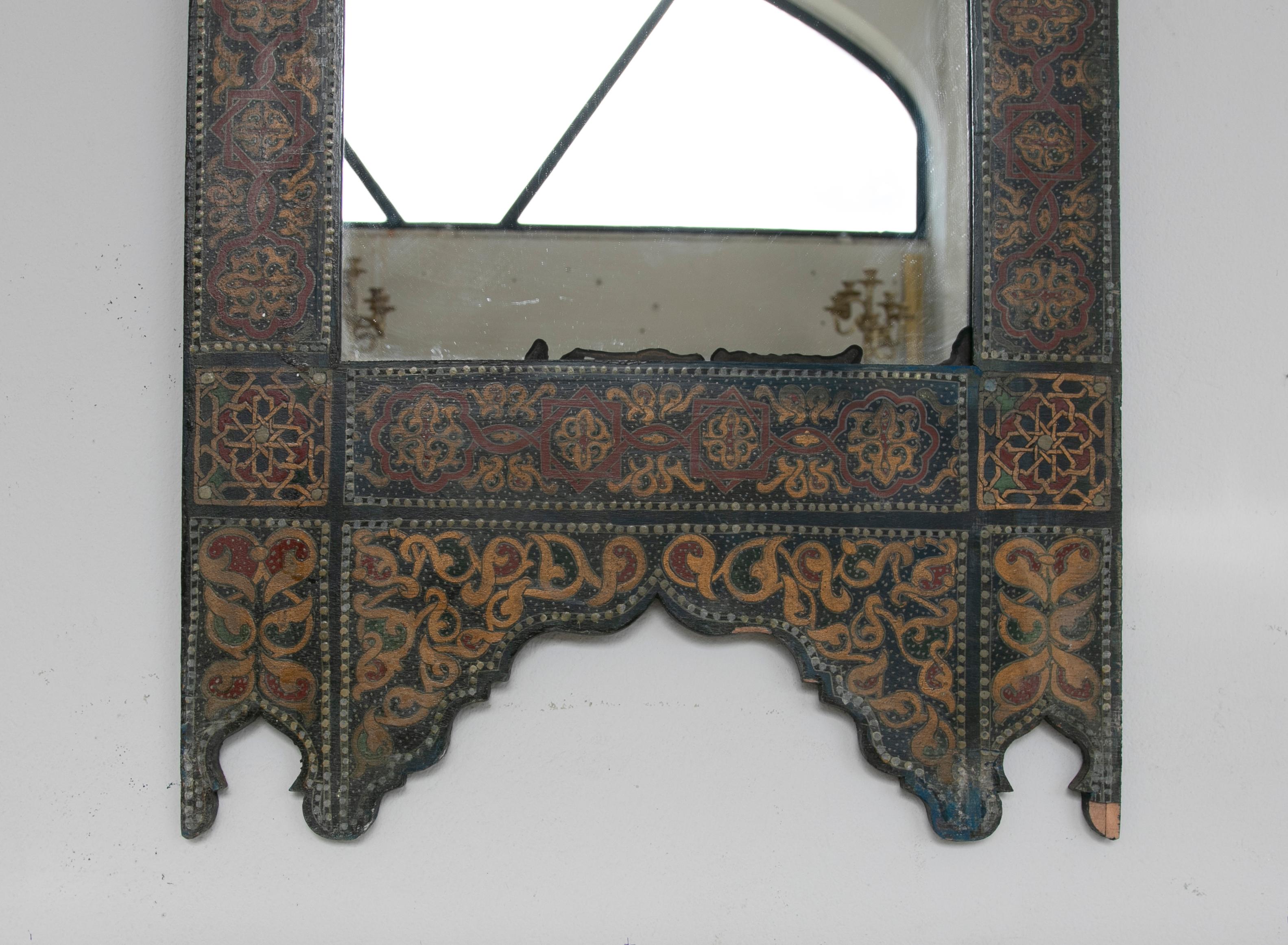 Pair of 1990s Handpainted Moroccan Style Wooden Mirror with Arabic Decorations For Sale 1