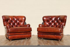 Pair of 1990s Henredon Churchill Tufted Distressed Brown Leather Club Chairs