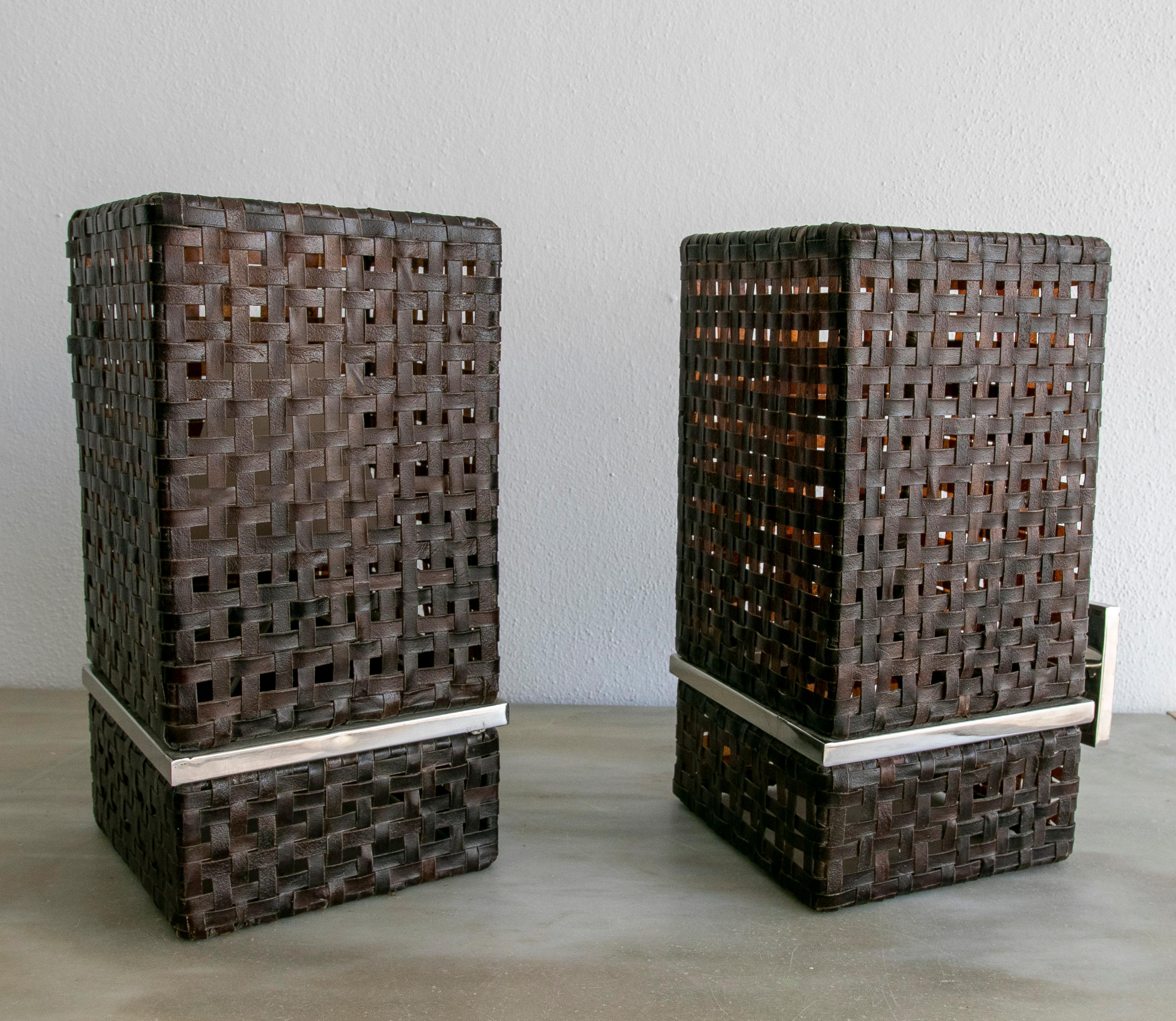 Pair of 1990s Italian woven leather and steel designer table lamps.