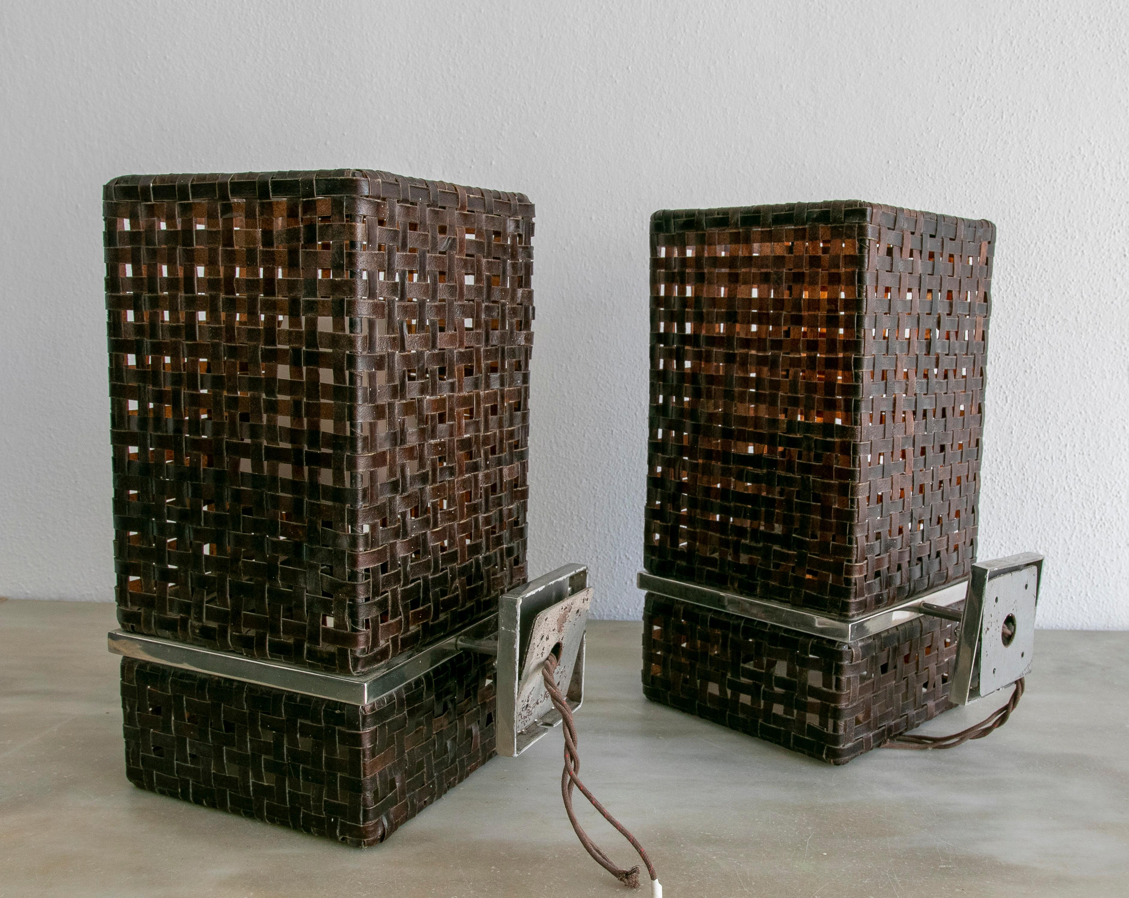 Stainless Steel Pair of 1990s Italian Hand Woven Leather & Steel Designer Table Lamps  For Sale
