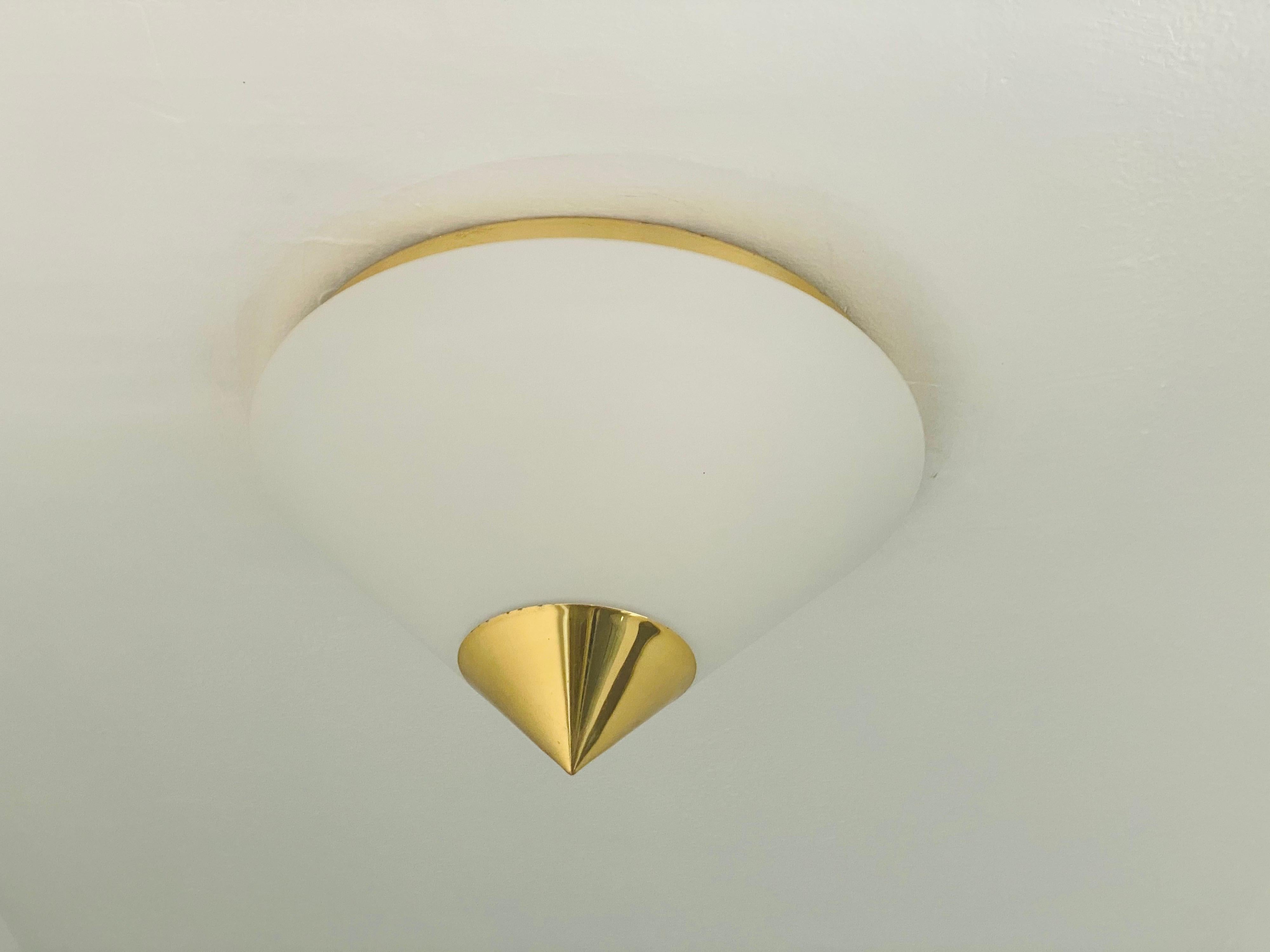 A wonderful pair of German 1990s golden brass and white cone shade flush lights by JT kalmar. Rewired.