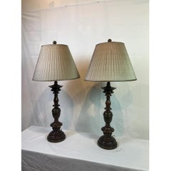 Pair of 1990s Sculpted Wooden Table Lamps with Pleated Silk Shades