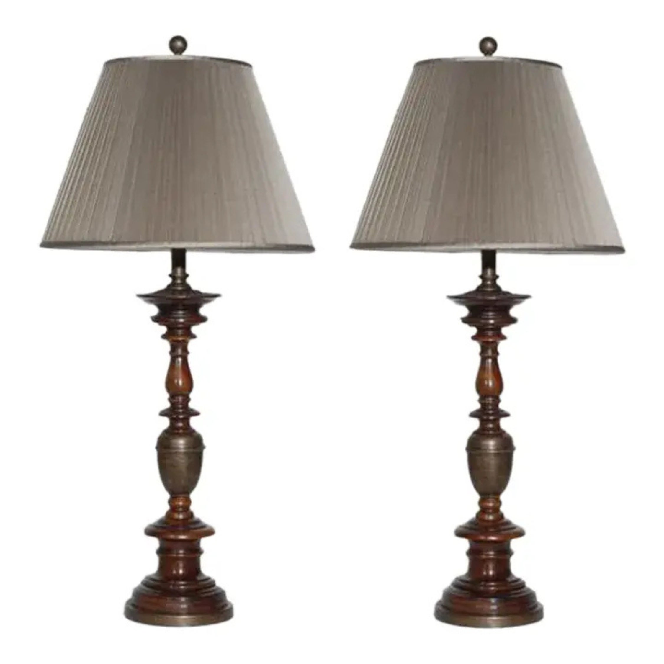 Pair of 1990s Sculpted Wood Table Lamps – Pleated Silk Shades For Sale