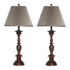 Pair of 1990s Sculpted Wooden Table Lamps with Pleated Silk Shades